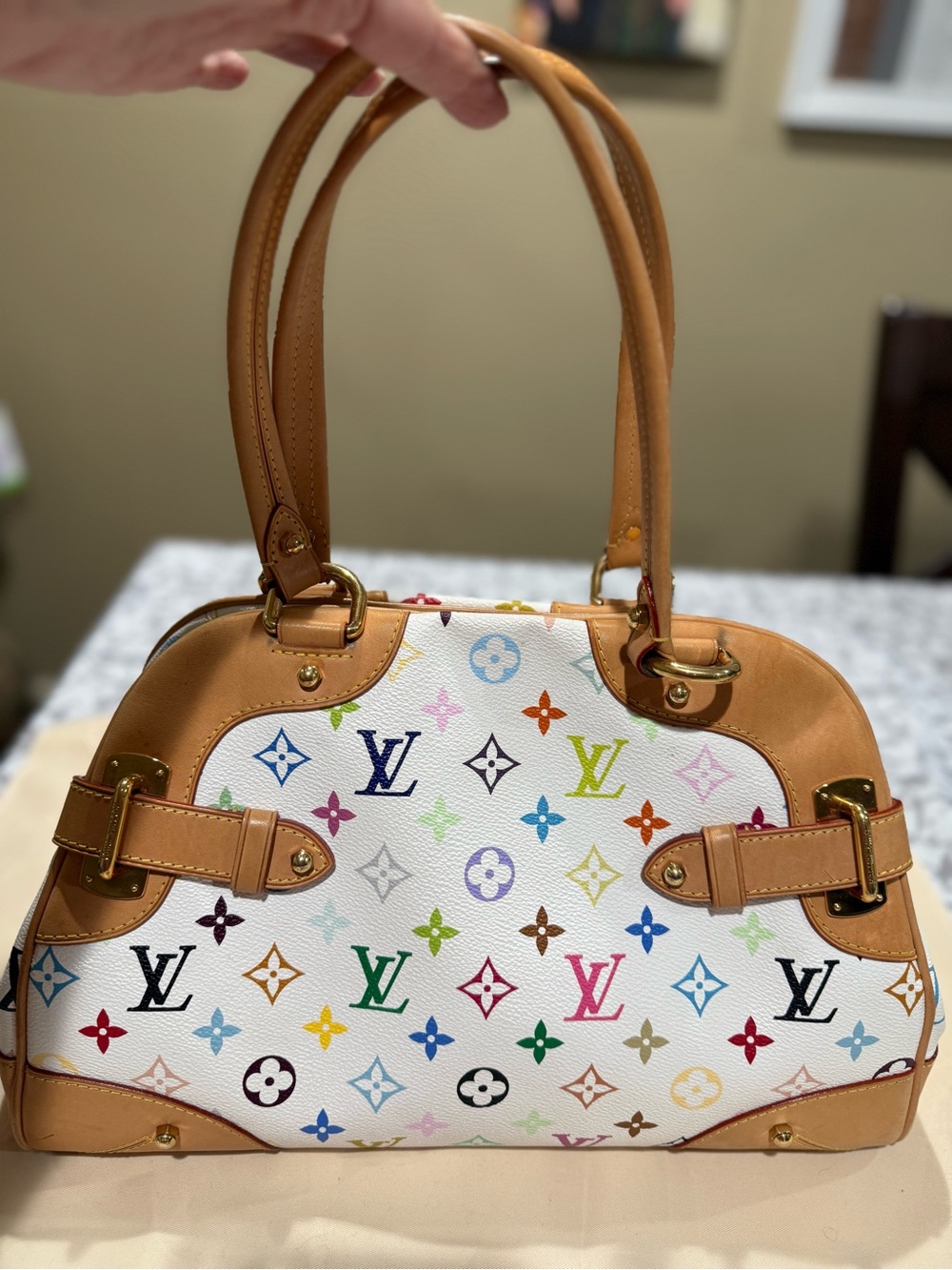 Louis Vuitton White Multicolor Monogram Canvas Shoulder Bag with Tan Trim - Picture 2 of 10